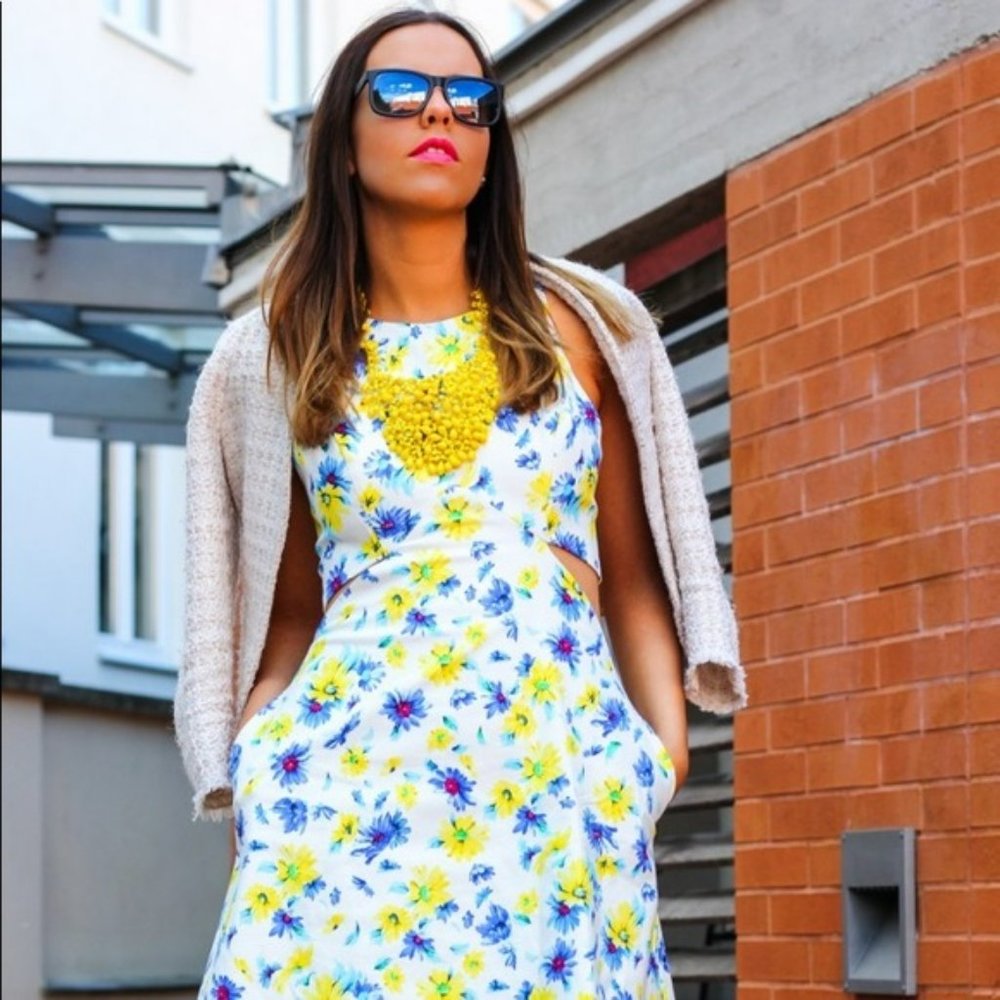 ZARA TRAFALUC White Blue Yellow Floral Cutout Dress S - Picture 2 of 15
